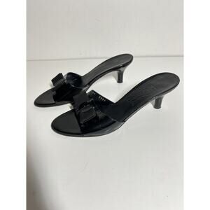 Salvatore Ferragamo EUC Black Patent Leather Kitten Heel Bow Slides Shoes 7 B